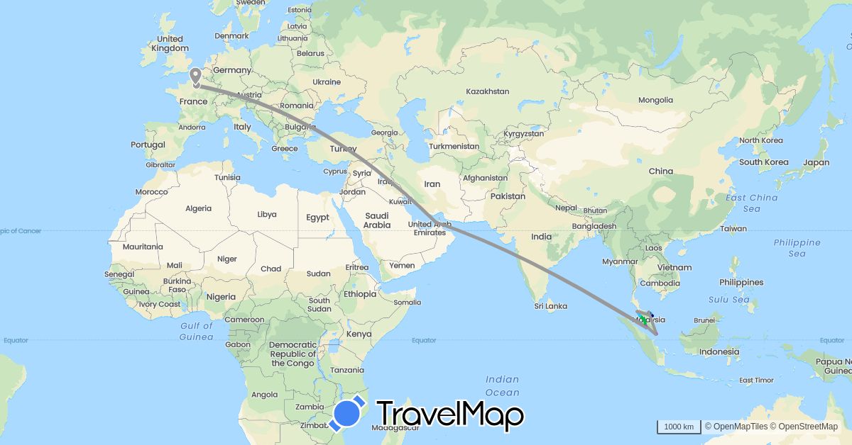 TravelMap itinerary: driving, bus, plane, train, hiking, boat in United Arab Emirates, France, Malaysia, Singapore (Asia, Europe)