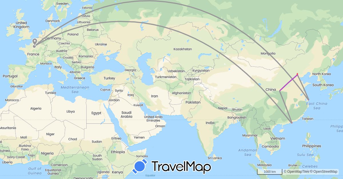 TravelMap itinerary: plane, cycling, train, hiking in China, France, Hong Kong (Asia, Europe)